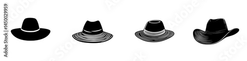 Various styles of black hats displayed in a row illustrating different designs and aesthetics in headwear