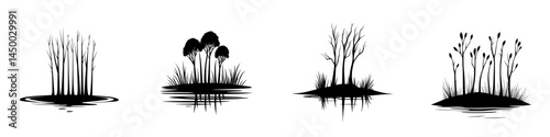 Silhouettes of trees and vegetation reflected in calm water at twilight in a natural setting