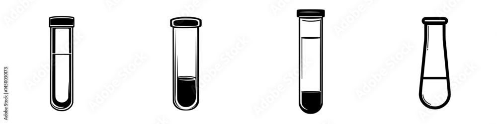 Four laboratory test tubes in different formats filled with various liquids showing a scientific experiment in progress Four laboratory test tubes in different formats filled with various liquids showing a scientific experiment in progress