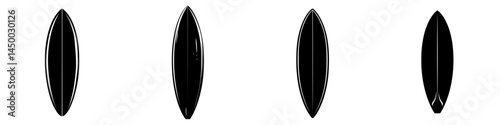 Surfboard designs displayed on a plain background showcasing different shapes and sizes used in surfing