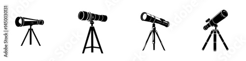 Various telescope designs displayed in black and white format highlighting their distinct features and structures