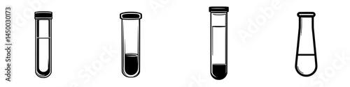 Four laboratory test tubes in different formats filled with various liquids showing a scientific experiment in progress