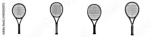 Various angles of tennis rackets showcasing design details and string patterns in black and white