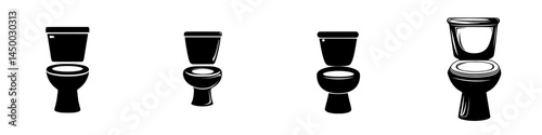 Various styles of toilets displayed in a minimalist design emphasizing modern bathroom fixtures and functionality