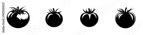 Different stages of tomato growth shown in silhouettes against a white background, illustrating the life cycle of tomatoes