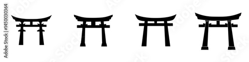 Various traditional Japanese torii gate silhouettes showcasing distinct designs in a minimalist style