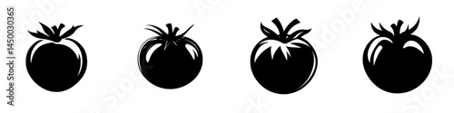 Series of stylized black tomato illustrations showcasing varying shapes and sizes against a white background