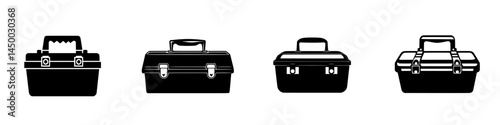 Different styles of toolboxes lined up against a plain background showcasing versatility and practicality in storage solutions