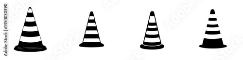 Traffic cones in varying sizes lined up on a surface, displaying a monochromatic design