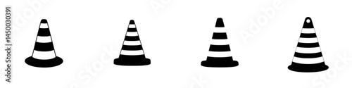 Black and white traffic cones arranged in a row on a simple background during a clear day