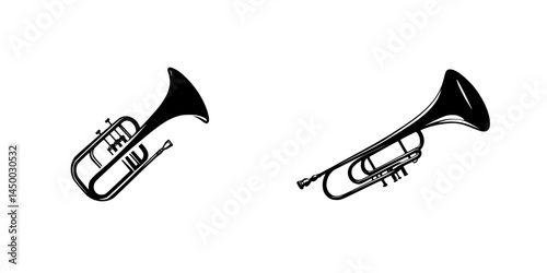 Brass instruments displayed side by side showcasing different designs and shapes in a minimalist style