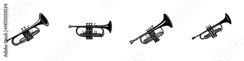 Various trumpet designs displayed in a row featuring intricate details showcasing musical artistry, perfect for instrument lovers