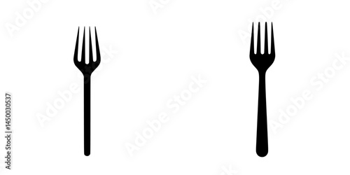Two simple black forks placed parallel to each other on a white background in minimalistic style