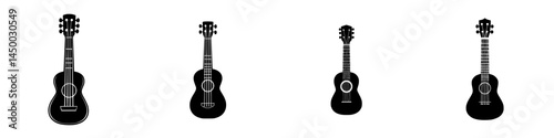 Various designs of guitars displayed in a minimalist style showcasing their shapes and string arrangements