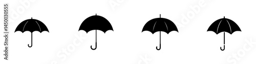 Silhouette of four black umbrellas lined up, showcasing a minimalistic design against a white background