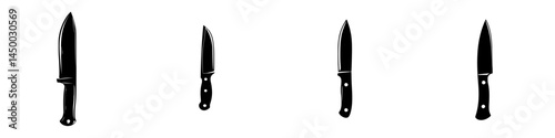 Collection of different kitchen knives arranged in a straight line on a white background