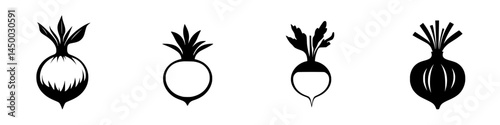 Various styles of vegetable silhouettes showcasing turnips and radishes in black and white