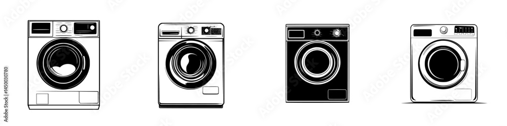 Various styles of washing machines in a modern laundry design showcase at an appliance exhibition in the city center Various styles of washing machines in a modern laundry design showcase at an appliance exhibition in the city center