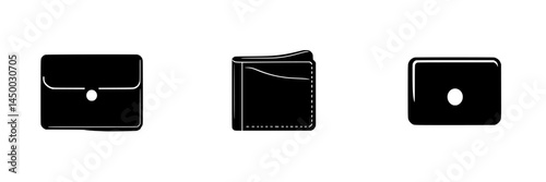 Various wallet designs displayed in black silhouettes showing different styles and forms side by side in a minimalistic layout