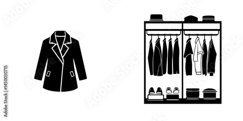 Stylish black jacket accompanied by a neatly organized wardrobe with various clothes and accessories