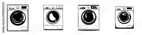 Collection of different styles of washing machines arranged in a row highlighting their unique features
