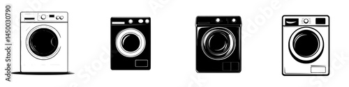 Different styles of washing machines displayed on a clean white background showcasing modern appliance design elements