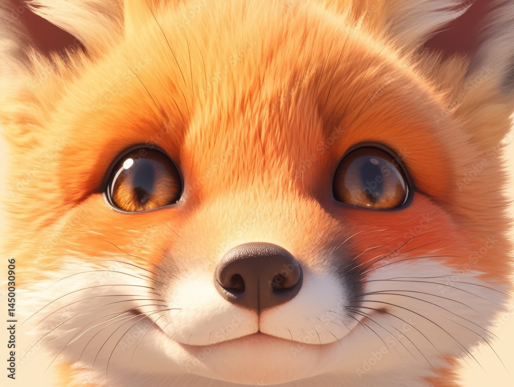 Obraz premium A smiling orange fox face, with big eyes, white cheeks and fluffy fur