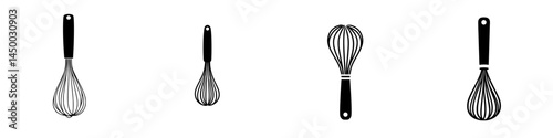 Four distinct whisks displayed in a minimalist style against a white background showcasing their unique shapes and forms
