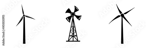 Wind turbines and vintage windmill icons representing renewable energy sources in a minimalist design