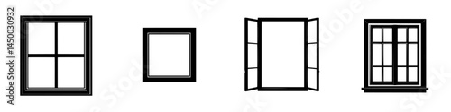 Four distinct window designs showcasing different shapes and functions in black and white illustrations