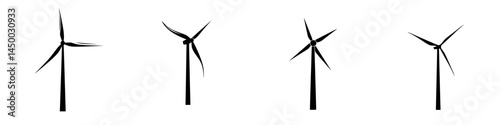 Different perspectives of wind turbines against a white background showcasing renewable energy solutions