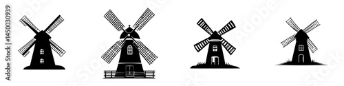 Different styles of windmills showcasing traditional architecture in a minimalist design for rural landscapes