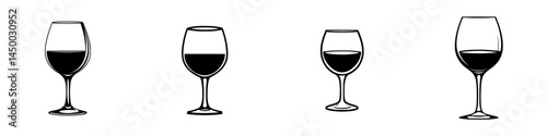 Various styles of wine glasses filled with dark liquid on a minimalist background