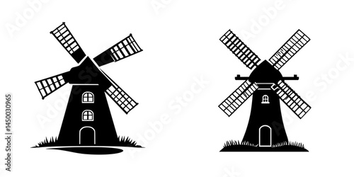Windmills positioned in a minimalist design showcasing traditional architecture and functionality in a black and white format