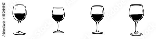 Different types of wine glasses lined up showcasing various shapes and sizes with red wine inside