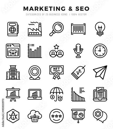 Marketing & SEO Icons Pack Lineal Style. Vector illustration.