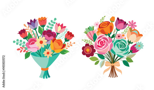 Two colorful flat design bouquets of assorted flowers on a white background