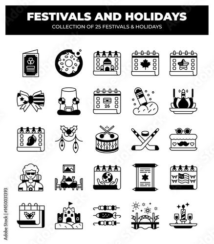 Collection of 25 Festivals and Holidays. Icons and Symbols