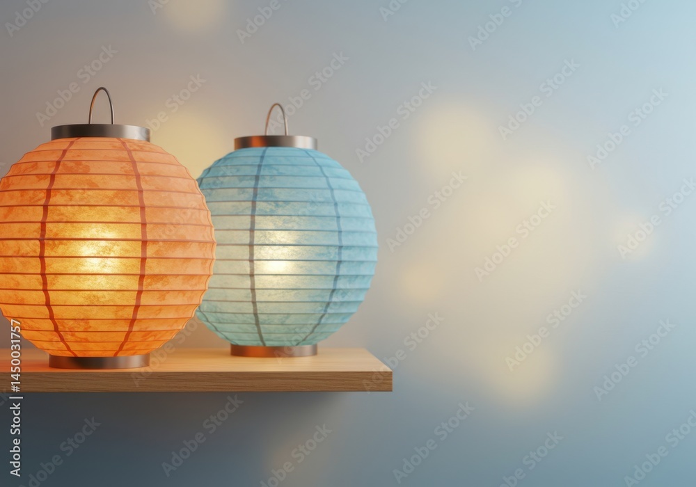 Obraz premium Serene Glow: Two Illuminated Paper Lanterns on Wooden Shelf Against a Soft Blue Background