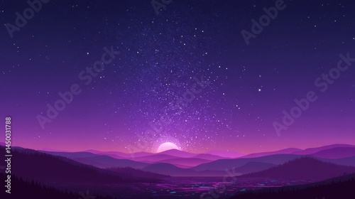 Wallpaper Mural A starry night sky with purple and pink hues, featuring twinkling stars above the horizon of rolling hills Torontodigital.ca