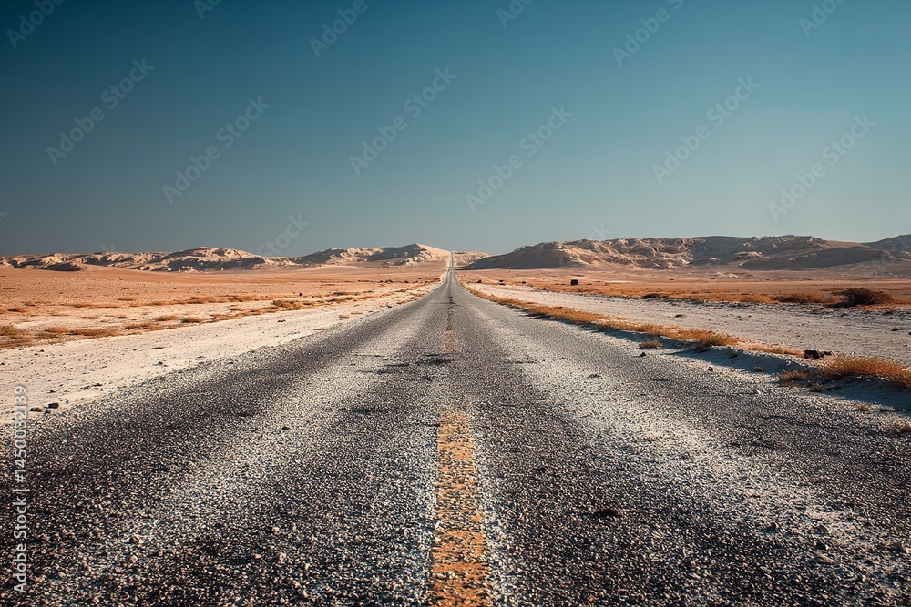 A never-ending road through a desert with a beautiful blue sky. Generative Ai A never-ending road through a desert with a beautiful blue sky. Generative Ai