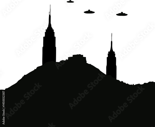 Silhouette of Cityscape with Multiple UFOs Overhead
