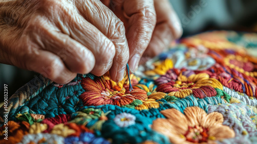 A hand stitching an intricate floral pattern on vibrant fabric showcasing embroidery skill detailed threadwork and colorful design in a craft-focused scene. AI generative