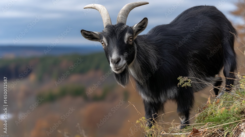 Fototapeta premium Black goat on a hilltop