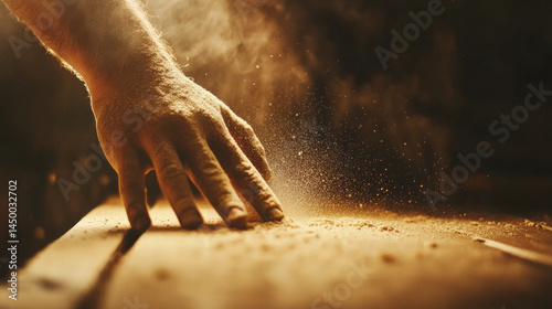Carpenter sanding wood by hand in a woodworking workshop showcasing craftsmanship attention to detail and traditional techniques with visible dust and tools in focus. AI generative