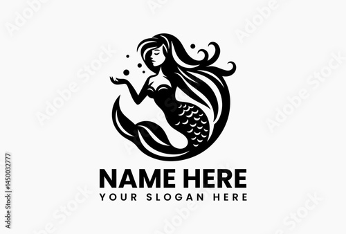 Single-line mermaid silhouette, modern minimalist logo for swimwear and eco-conscious brands