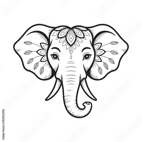 Black And White Line Drawing Of An Elephants Head Stylized With Intricate Symmetrical Patterns On The Ears And Forehead Resembling A Lotus Flower