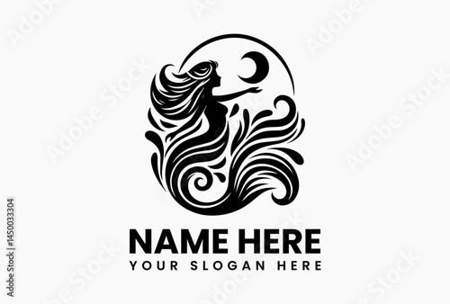 Ornate Art Nouveau mermaid with floral tail, vintage vector logo for spas and luxury beauty brands  