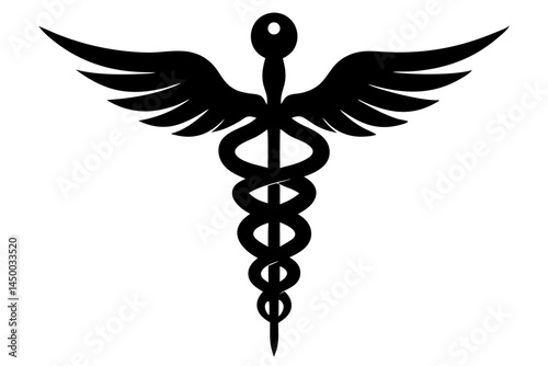 Black caduceus silhouette design with staff and snake symbol on white background, caduceus, silhouette, vector, snake, staff, medical, symbol, health, icon, medicine, logo, illustration, design, art