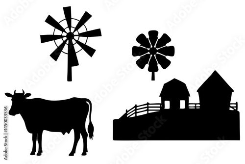 Black silhouette of two farm scenes vector illustration with transparency, farm, scene, silhouette, agriculture, vector, countryside, rural, landscape, field, farming, harvest, nature, illustration